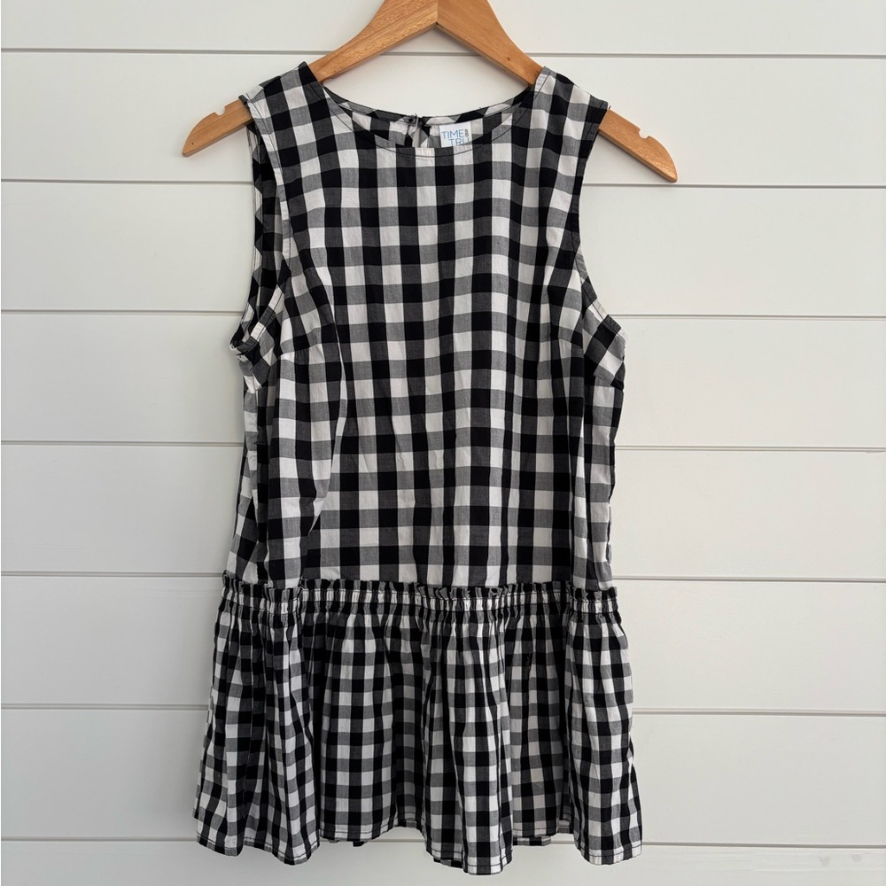 Time and Tru Black and White Checkered Peplum Top